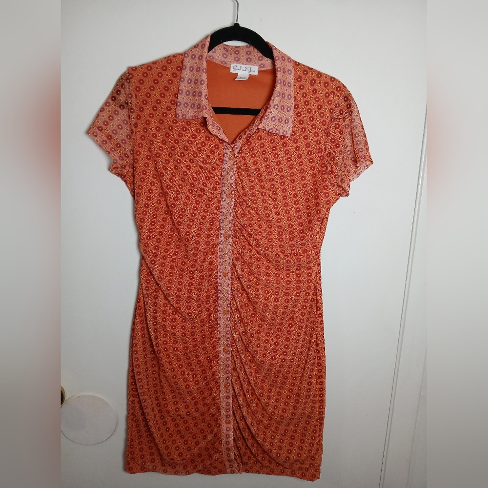 Birch and Stone‎ Orange Floral Print Ruched Button-Front Dress Size L
